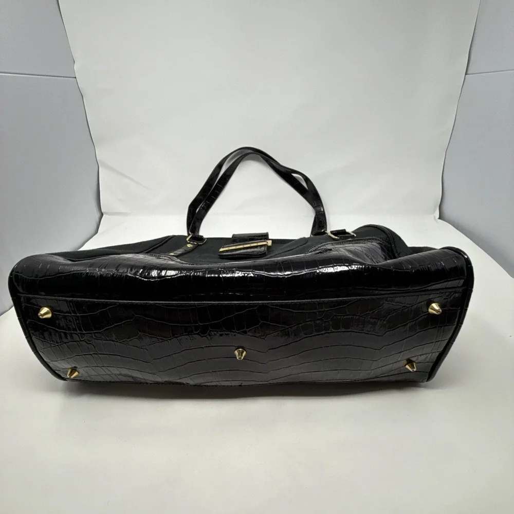 Guess Black Monogrammed Shoulder Bag Buckle‎ Detail Faux Croc Trim Satchel Y2K